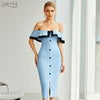 Adyce 2023 Summer Women Off Shoulder Midi Club Bandage Dress Sexy Buttons Blue Bodycon Celebrity Evening Runway Party Dress