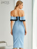 Adyce 2023 Summer Women Off Shoulder Midi Club Bandage Dress Sexy Buttons Blue Bodycon Celebrity Evening Runway Party Dress