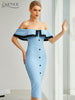Adyce 2023 Summer Women Off Shoulder Midi Club Bandage Dress Sexy Buttons Blue Bodycon Celebrity Evening Runway Party Dress