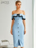 Adyce 2023 Summer Women Off Shoulder Midi Club Bandage Dress Sexy Buttons Blue Bodycon Celebrity Evening Runway Party Dress