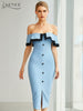 Adyce 2023 Summer Women Off Shoulder Midi Club Bandage Dress Sexy Buttons Blue Bodycon Celebrity Evening Runway Party Dress