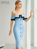 Adyce 2023 Summer Women Off Shoulder Midi Club Bandage Dress Sexy Buttons Blue Bodycon Celebrity Evening Runway Party Dress