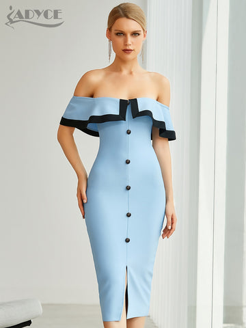 Adyce 2023 Summer Women Off Shoulder Midi Club Bandage Dress Sexy Buttons Blue Bodycon Celebrity Evening Runway Party Dress