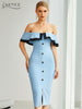 Adyce 2023 Summer Women Off Shoulder Midi Club Bandage Dress Sexy Buttons Blue Bodycon Celebrity Evening Runway Party Dress