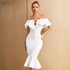 Adyce 2023 Summer Women's Midi White Trumpet Bandage Dress Sexy Off Shoulder Short Sleeve Ruffles Celebrity Club Party Dress