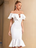 Adyce 2023 Summer Women's Midi White Trumpet Bandage Dress Sexy Off Shoulder Short Sleeve Ruffles Celebrity Club Party Dress
