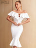 Adyce 2023 Summer Women's Midi White Trumpet Bandage Dress Sexy Off Shoulder Short Sleeve Ruffles Celebrity Club Party Dress