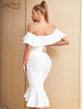Adyce 2023 Summer Women's Midi White Trumpet Bandage Dress Sexy Off Shoulder Short Sleeve Ruffles Celebrity Club Party Dress