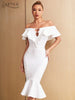 Adyce 2023 Summer Women's Midi White Trumpet Bandage Dress Sexy Off Shoulder Short Sleeve Ruffles Celebrity Club Party Dress