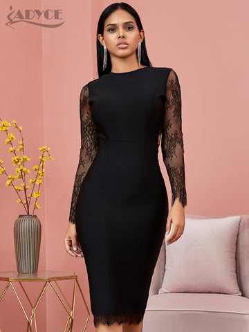 Adyce 2023 Winter Lace Long Sleeve Bandage Dress Women Sexy Hollow Out Black Club Midi Celebrity Evening Party Dress Vestido