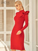 Adyce 2023 Winter Red Long Sleeve Club Bodycon Bandage Dress Sexy Women Ruffles Knee Length Celebrity Evening Party Dresses