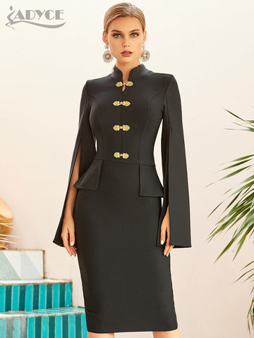 Adyce 2023 Winter Women Black Long Cloak Sleeve Bandage Dress Sexy Midi Blue Celebrity Runway Party Bodycon Club Dresses
