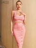 Adyce 2023 Women Bandage 2 Two Pieces Sets Sexy Tank Sleeveless Tops & Midi Skirts Buttons Pink Elegant Club Party Lady Sets