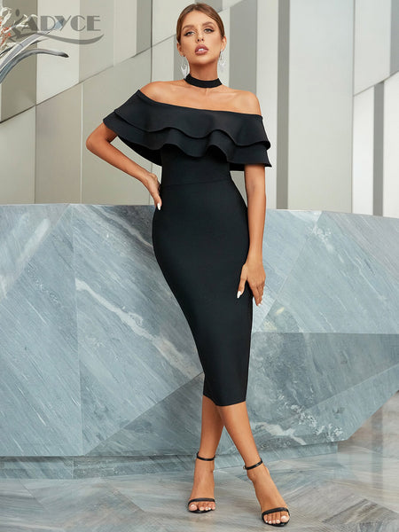 Adyce Black Ruffles Midi Bodycon Bandage Dress For Women Elegant Off Shoulder Summer Celebrity Party Evening Night Club Dresses