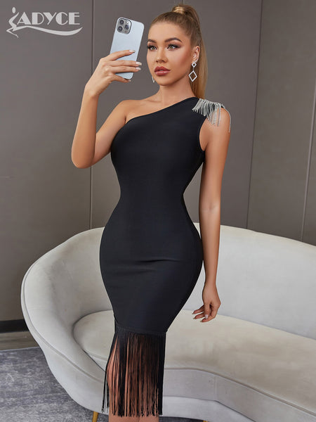 Adyce BlackTassel Midi Bodycon Bandage Dress Sexy One Shoulder Sleeveless Daimonds Women's Evening Celebrity Summer Party Dress