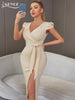 Adyce Elegant Club V Neck Short Puff Sleeve Dress Summer Women's Sexy Split Sashes Midi Evening Celebrity Party Dresses Outfits