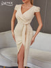 Adyce Elegant Club V Neck Short Puff Sleeve Dress Summer Women's Sexy Split Sashes Midi Evening Celebrity Party Dresses Outfits
