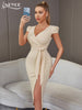 Adyce Elegant Club V Neck Short Puff Sleeve Dress Summer Women's Sexy Split Sashes Midi Evening Celebrity Party Dresses Outfits