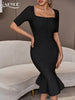 Adyce Elegant Midi Mermaid Bandage Dress For Women Summer Sexy Short Sleeve Buttons Celebrity Club Evening Party Dress Vestidos