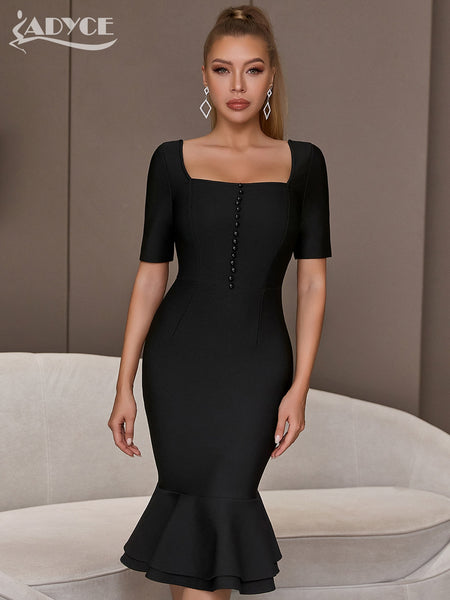 Adyce Elegant Midi Mermaid Bandage Dress For Women Summer Sexy Short Sleeve Buttons Celebrity Club Evening Party Dress Vestidos