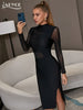 Adyce Elegant Women Long Sleeve Bandage Dress Sexy Black Lace See Through Bodycon Midi Club Evening Celebrity Runway Party Dress