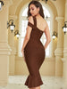 Adyce Elegant Women Mermaid Midi Bandage Dress Summer Sexy One Shoulder Sleeveless Celebrity Evening Party Brown Bodycon Dresses
