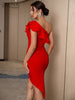 Adyce Elegant Women Night Club Wear Bandage Dress Sexy One Shoulder Short Sleeve Ruffles Evening Midi Bodycon Party Outfit Dress