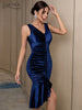 Adyce Elegant Women Ruffles Midi Trumpet Velvet Dress Sexy Tank V Neck Draped Evening Celebrity Casual Party Dress 2023