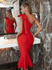 Adyce Evening Summer Elegant Red Bow Women's Trumpet Bandage Dress Sexy One Shoulder Sleeveless Celebrity Club Party Midi Dress
