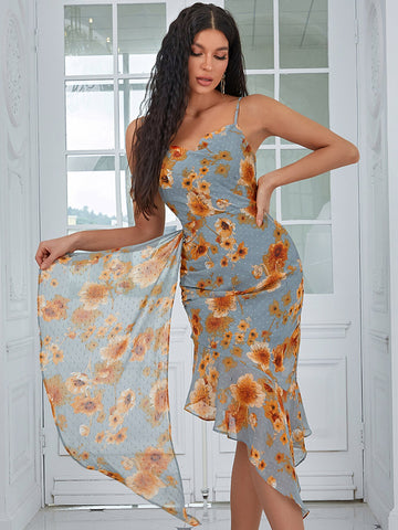 Adyce Floral Mermaid Spaghetti Strap Midi Dress Sexy Women's Sleeveless Celebrity Mesh Nigtht Club Elegant Party Dresses