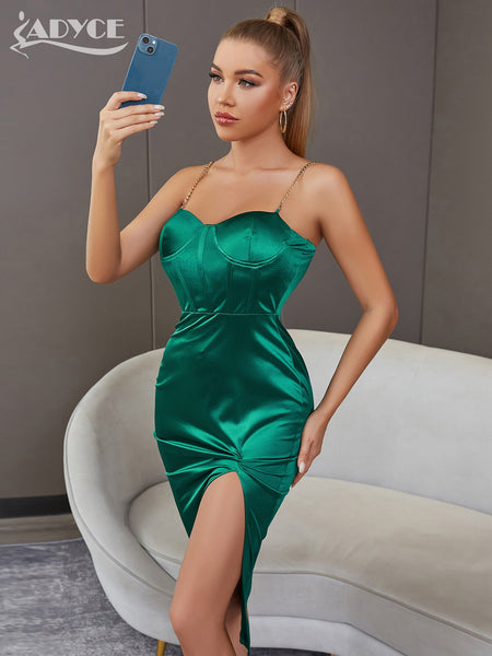 Adyce Summer Night Club Spaghetti Strap Dress Sexy Green Satin Draped Midi Women Evening Celebrity Party Camisole Dress