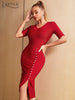 Adyce Women Bodycon Bandage Dress Sexy V Neck Short Sleeve Elegant Pearls Celebrity Runway Club Party Midi Dress Vestido