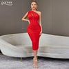 Adyce Women One Shoulder Midi Dress Elegant Red Mesh Sexy Hollow Out Evening Celebrity Party Club Summer Dresses Outfits