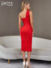 Adyce Women One Shoulder Midi Dress Elegant Red Mesh Sexy Hollow Out Evening Celebrity Party Club Summer Dresses Outfits