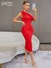 Adyce Women One Shoulder Midi Dress Elegant Red Mesh Sexy Hollow Out Evening Celebrity Party Club Summer Dresses Outfits
