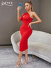 Adyce Women One Shoulder Midi Dress Elegant Red Mesh Sexy Hollow Out Evening Celebrity Party Club Summer Dresses Outfits