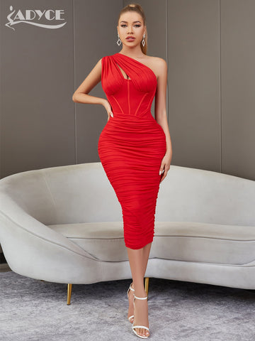 Adyce Women One Shoulder Midi Dress Elegant Red Mesh Sexy Hollow Out Evening Celebrity Party Club Summer Dresses Outfits