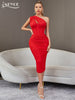 Adyce Women One Shoulder Midi Dress Elegant Red Mesh Sexy Hollow Out Evening Celebrity Party Club Summer Dresses Outfits