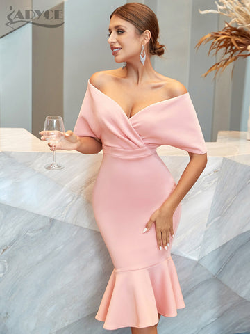 Adyce Women Pink Mermaid Dress Vestidos Summer Sexy Off Shoulder Elegant Evening Celebrity Midi Party Club Dress Outfits