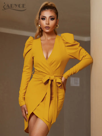 Adyce Women's  Autumn Winter Dress Sexy Long Sleeve Sashes V Neck Casual Club Celebrity Party Female Outfits Dress 2023