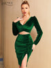 Adyce Women's Draped Velvet 2 Two Pieces Sets 2023 Winter Sexy V Neck Long Sleeve Tops & Skirts Elegant Club Party Sets