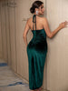 Adyce Halter Backless Evening Women Maxi Club Dress 2023 Sexy High Split Green Velvet Draw String Celebrity Party Dress