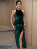 Adyce Halter Backless Evening Women Maxi Club Dress 2023 Sexy High Split Green Velvet Draw String Celebrity Party Dress