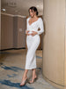 Adyce Spring Women Elegant White Long Sleeve Midi Club Dress 2023 Sexy V Neck Sashes Celebrity Evening Party Dresses
