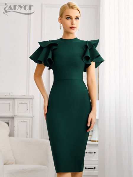 Adyce Summer Green O Neck Midi Bandage Dress For Women 2023 Sexy Ruffles Short Sleeve Celebrity Club Evening Party Dress