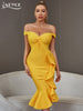 Adyce Summer Women Off Shoulder V Neck Mermaid Bandage Dress 2023 Sexy Ruffles Yellow Midi Club Runway Party Femal Dresses