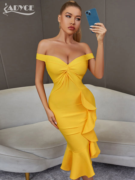 Adyce Summer Women Off Shoulder V Neck Mermaid Bandage Dress 2023 Sexy Ruffles Yellow Midi Club Runway Party Femal Dresses
