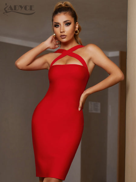Adyce Summer Women Red Halter Bodycon Bandage Dress Sexy Sleeveless Elegant Night Club Celebrity Runway Cocktail Party Dress