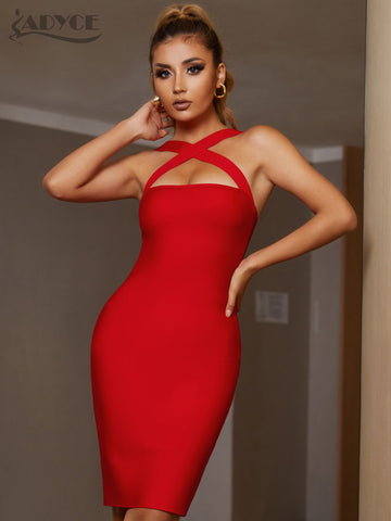Adyce Summer Women Red Halter Bodycon Bandage Dress Sexy Sleeveless Elegant Night Club Celebrity Runway Cocktail Party Dress