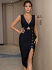 Adyce Women's Black V Neck Club Bandage Dress Sexy Tank Buttons Midi Hollow Out Celebrity Elegant Evening Party Outfit Dress